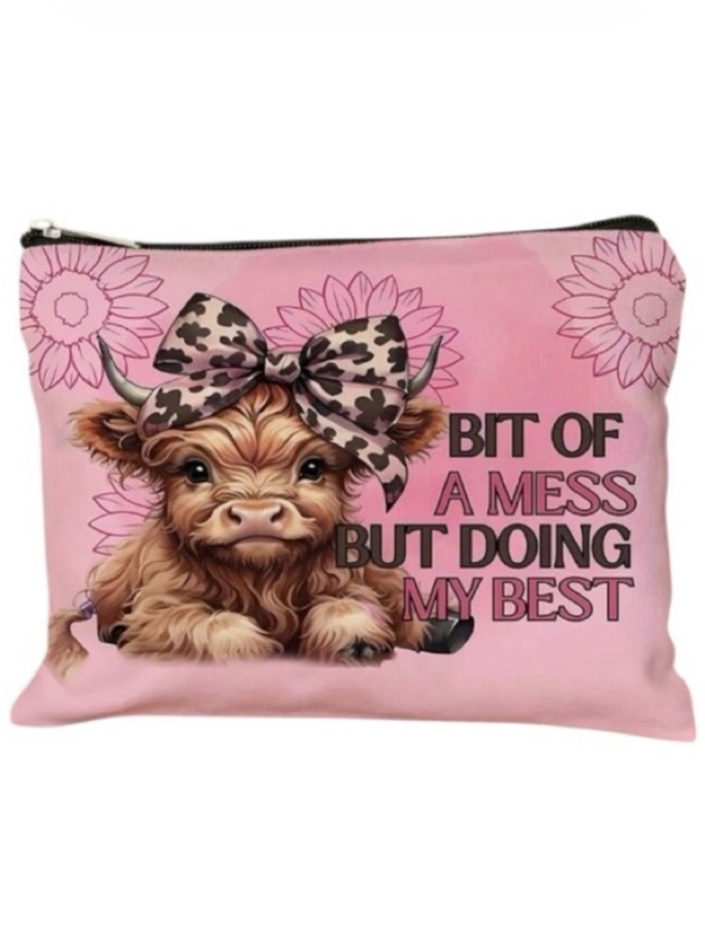 Farmhouse Highland Cow Makeup Bag Canvas‎ Cosmetic Pouch Pink Leopard Bow NWOT